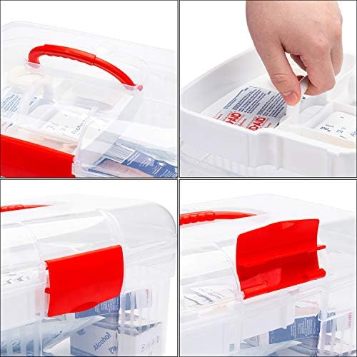 MyGift Red First Aid Clear Container Bin/Family Emergency Kit Storage Box w/Подвижна Тава