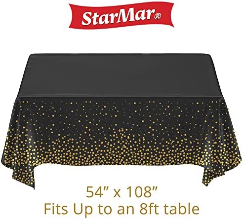 StarMar Black Plastic Party Tablecloth - Използвайте като Покривки за Рожден Ден, Банери и Декори, Водоустойчива Черна Цветна Покривка със Златни Точки Конфети, 2-Pack Premium Покривки за Е