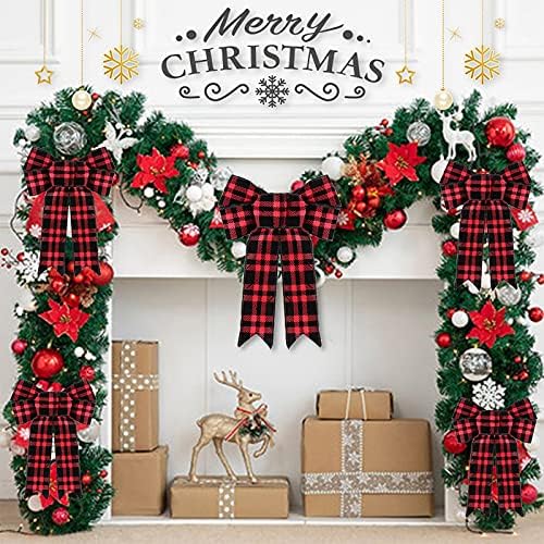 QSDGFH 6 Pack Коледа Червена Лента Лук, спално Бельо Червено Бели Райета Венец Лук, Червен Черен Каре Лък Закрепване Вратовръзка Коледа Орнамент 9,3 инча
