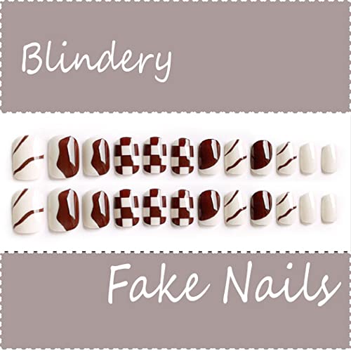 Blindery Short French Press on Nails Plaid Artificial Glossy Лъжливи Нейлз Tips Square Black Brown White False Nails for