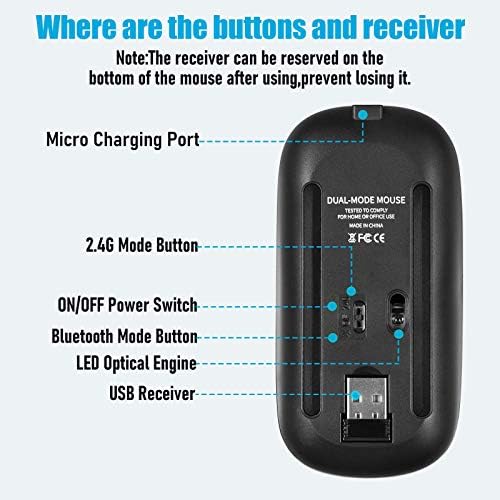 Безжична Мишка с Bluetooth Мишка Слим 2.4 G LED Преносима Акумулаторна Оптична Офис Мишката,3 Регулируеми DPI Двухрежимная