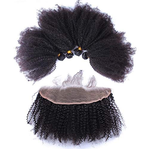 Afro Извратени Къдрава Връзки and Frontal Дантела Closure Natural Color Mongolian Kinkys Къдрава Human Hair Weave Extensions