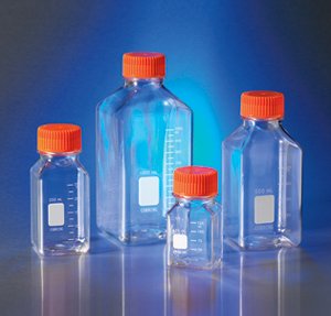 Corning 431533 Квадратна PET бутилка с широко гърло с капак, 45 мм, Оранжева капачка, Стерилен, Индивидуална опаковка,