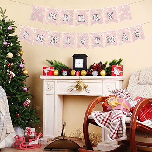 Blueangle Весела Коледа Banner with Pink Daisy - Коледна Филцови Тъкани Банер Украса за Дома Коледен Декор