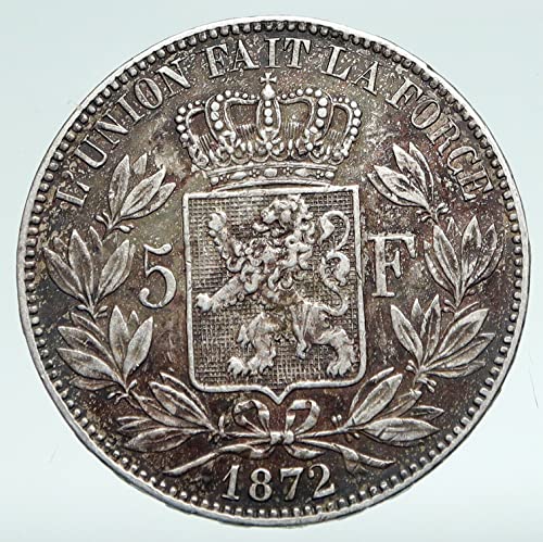 1872 BE 1872 БЕЛГИЯ с крал ЛЕОПОЛЬДОМ II и ЛЪВ Genuin 5 франка Добри Незаверени