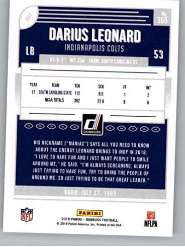 2018 Donruss Football 365 Дария Leonard RC Новобранец Card Indianapolis Colts Новобранец Official NFL Trading Card