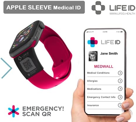 LIFE ID Watch Band Sleeve Medical ID tag I 3 РАЗМЕР! I Подходящ за спортни (силиконови) часа серии 1, 2, 3, а също и серии 4 и 5, 6. Се плъзга точно по всеки часовата зона I Безплатен контролен п