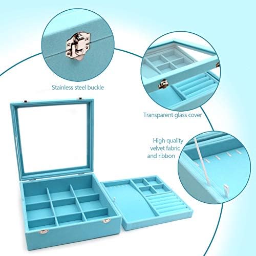 KLOUD City Jewelry Box with Glass Капак Two-Layer Jewelry Box Organizer Display Storage case (Син)