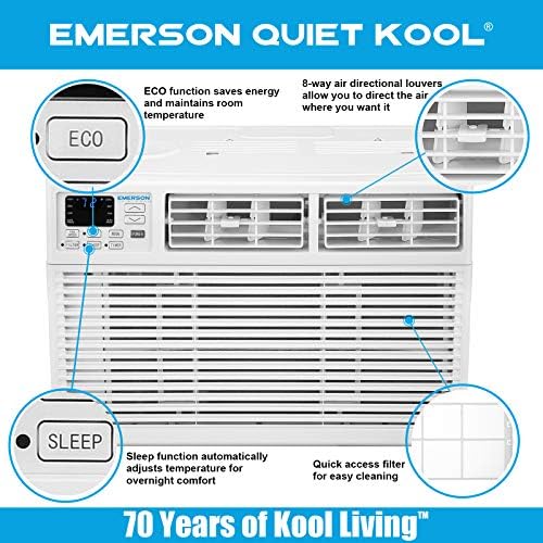 Емерсън Quiet Kool 8000 BTU 115V Прозорец, климатик с дистанционно управление, EARC8RE1, 8000, Бял