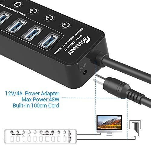 Apanage Powered USB 3.0 Хъб, 11 Портове USB Хъб Сплитер (7 високоскоростни портове за пренос на данни + 4 смарт порт за