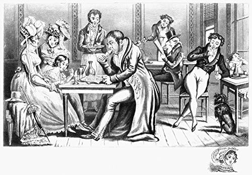 Окупацията на Париж 1815 NJohn Bull и семейството му в ледената кафе Сатиричен английски плакат на 19-ти век, Aquatint Print от (18 x 24)