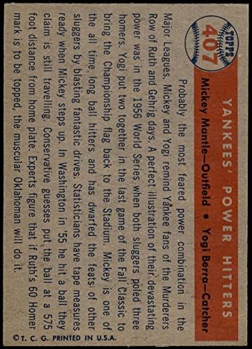 1957 Topps # 407 йорк Янкис' Power Hitters Мики Mantle/Yogi Berra Ню Йорк Янкис (Бейзболна картичка) EX йорк Янкис