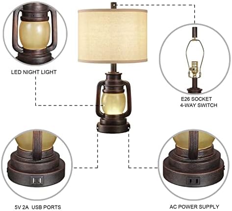 Лампа Настолна Лампа Комплект от 2 Ночником USB AC Изход Тъмно Бронзова Бельо Плат В Твърди Корици Лампа Начало Декор