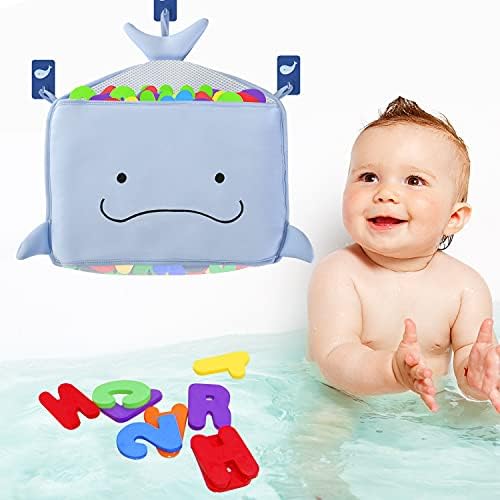 sundee Mesh Bath Toy Organizer + 36 Bath Foam Letters and Numbers,Baby and Toddlers Bath Mesh Quick Dry Net Bath Toy Holder, Perfect Toy Storage Net, Окачени Bathroom Storage Bags - Син