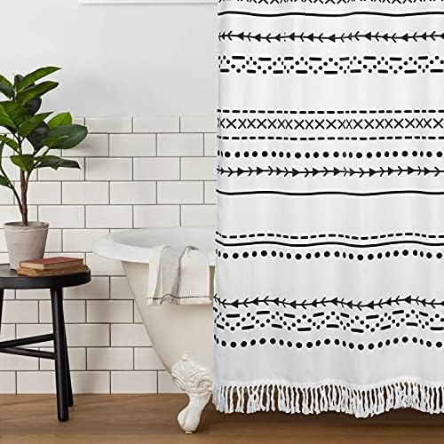 Zussun Tassel Shower Curtain Stripe Fabric Shower Curtain Black and White Boho Chic Cloth Shower Curtain 72x72