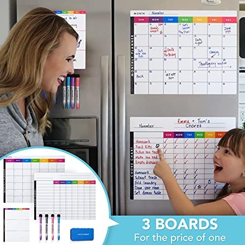 Комплект дъски за сухо изтриване Magnetic Chore Chart - Графика Chart for Multiple Kids, Teens & Adults (13x17), Monthly Calendar (13x17), Daily To-Do (7x9) - Family Schedule Planners, 4 маркера и гума