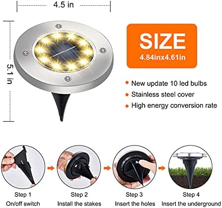 AIKEI Solar Ground Outdoor Lights - 10 LED 8 Pack Solar Garden Светлини, Outdoor Solar Disk Lights In-Ground for Lights Lawn Patio Pathway Landscape Lighting Warm White
