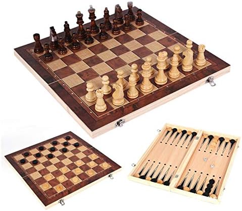 Дървен Шах комплект Сгъваема, 3 в 1, Шах Дървени Пулове за Табла, Определени със Съхранението за фигури - за Начинаещи