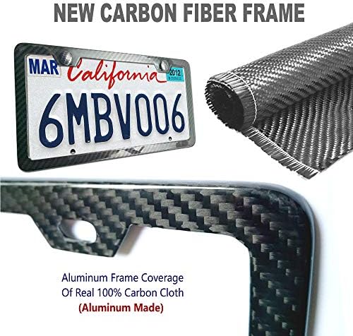 ZXFOOG Carbon Fiber License Plate Frame - Handcrafted Real Carbon Fiber Cloth Wrapped Holder, Slim Black Aluminum Car Tag Cover with Stainless Steel Screws Caps, Ратъл Proof Pad, 1 Pack 2 Hole