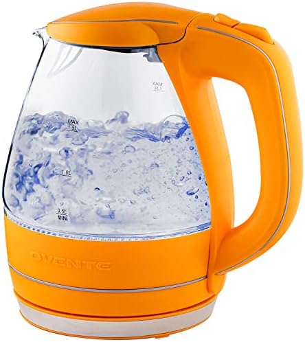 Ovente Преносими Електрически Стъклен Чайник 1,5 Литра със Синя Led светлина и Основа от Неръждаема Стомана, Бързо Загряване