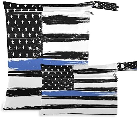KEEPREAL Флаг на САЩ с Тънка Синя линия Печат Водоустойчив Мокри Чанти - Машинно Пране | Влажна Суха Чанта за Филтър Памперси,