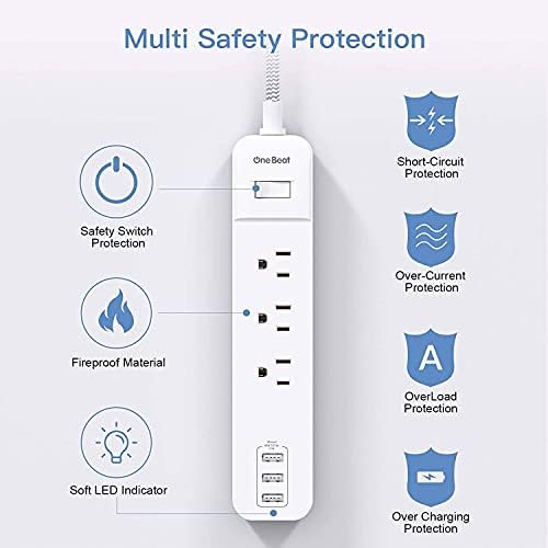 Power Strip with USB - 3 Outlets 3 USB Ports, Wall Mountable No Surge Protector Плосък Plug with 5Ft Braided Extension Cord, Overload Защита Cruise for Home Office ETL Listed