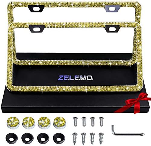 ZELEMO 2 Pack Premium Bling Кристал Рамка на регистрационен номер за Жени,Претрупана Дъно От Неръждаема Стомана Не се
