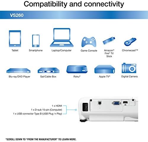 Epson VS260 3-Chip 3LCD XGA проектор, 3300 лумена Цветна яркост, 3300 лумена Бяла яркост, HDMI, Вградени говорители, Контраст 15000:1