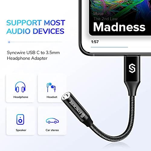 USB Type C до 3,5 мм Жак за слушалки, Адаптер Жена, Syncwire USB C до Aux Аудио Ключ Конвертор Кабел, захранващ Кабел