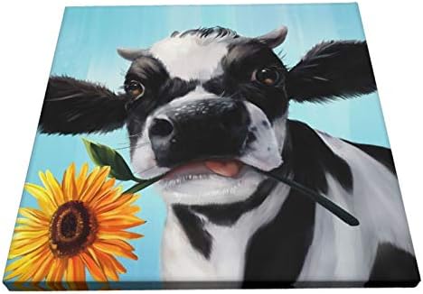 Farm Cow Sunflower Wall Art 12x12 - Модерен Платно за Печат Живопис Картини Декор