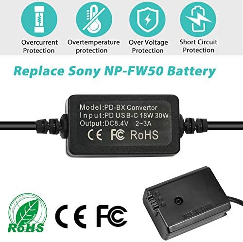 PowEver AC-PW20 USB-C Фотоапарат AC Адаптер за Захранване на Зарядно Устройство, Комплект Замени NP-FW50 Батерия за Sony