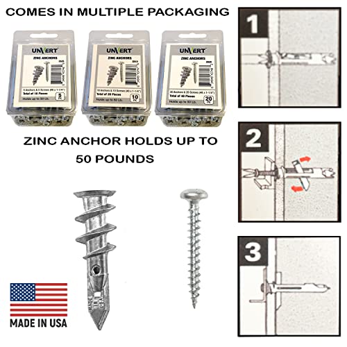 Unvert Metal Цинк E-z Anchor with Screws Kit, Heavy Duty Цинк Self Drilling Anchors Fitting with Phillip Screws #8 x 1-1/4 – капацитет до 50 килограма. (5)