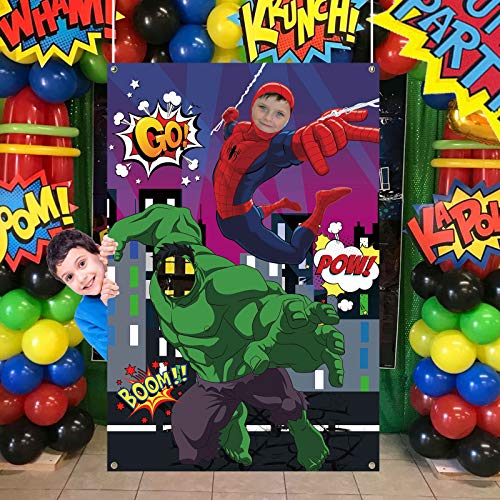 TUWUNA Superhero Photo Door Банер,Паяк и Зелен Гигантски Супергерой Лицето Фотография Плат Банер Фон за Деца Рожден Ден