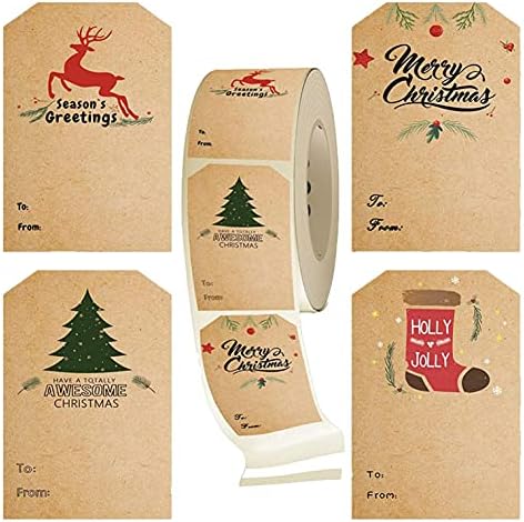 500шт Коледни Етикети на Ролка, Весела Коледа Етикети, Самозалепващи Празнични Стикери за Карти Чанти Подаръци Пакет Уплътнения