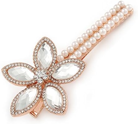 Avalaya Large Glass Pearl, Clear Crystal Flower Hair Beak Clip/Concord Clip in Rose Gold Тона - 90mm L