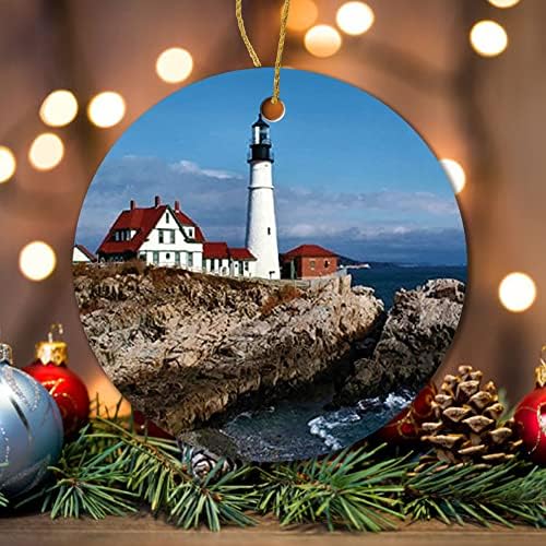 Portland Head Lighthouse Керамичен Коледен Орнамент Кръгла Плоска Елха, Висящи Спомен Коледна Украса Обмен Сувенир Подарък