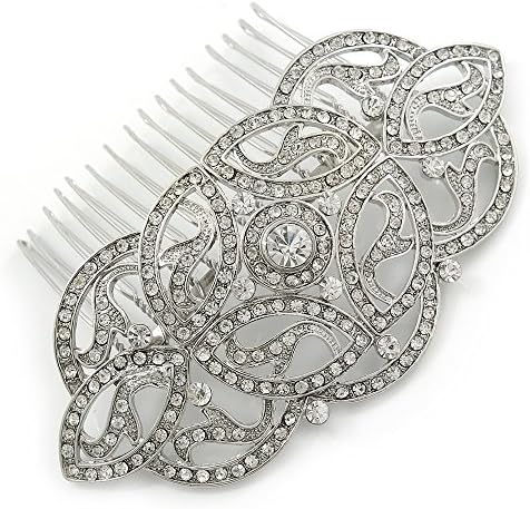 Avalaya Bridal/Wedding/Бала/Party Art Deco Style Rhodium Plated Austrian Crystal Hair Comb - 95mm W