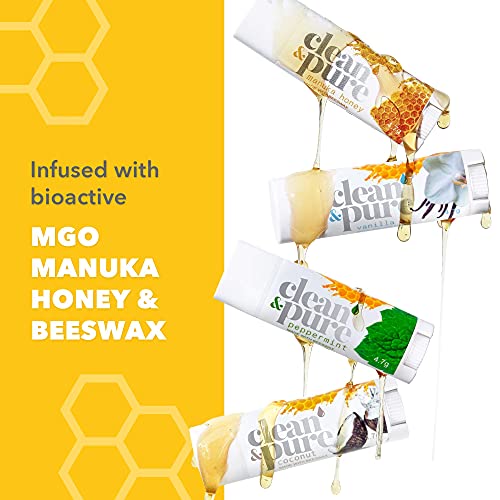 Clean & Pure Bee Loved Lip Balms, 4 Pack | Manuka Honey Beauty Products | Комплект за грижа за устни със естествен пчелен восък и масло, витамин е | Ароматизиран балсам за сухи, напукани устни | Прои?