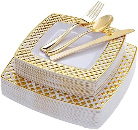 125 бр Злато/Rose gold Еднократни прибори за хранене Комплект Caccommodate 25 души на квадратна бронзова чиния, прибори вечерни украса на съдове (Цвят : злато)