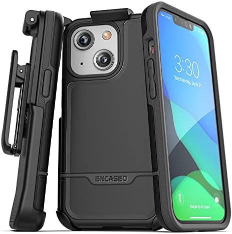 Encased Бунтовник Designed for iPhone 13 Belt Clip Case (2021) Защитен устойчив на удари калъф с кобур (черен)