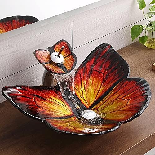 SZXJJ Red Butterfly формата на сърце Tempered Glass Wash Basin with Waterfall Faucet Basin Holder