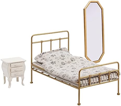 Aizulhomey Метал Миниатюрни Мебели За куклена Къща Златен Комплект легла Вътрешно Огледало Нощни Шкаф Размер Подходящ