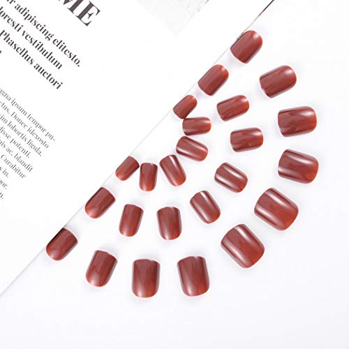 Brinote Press Square on Nails Brown Short Glossy Лъжливи Нейлз Solid Color False Нейлз Acrylic Full Cover Нейлз Party Clip on Нокти Tips for Women and Girls（24Pcs） (кафяв)