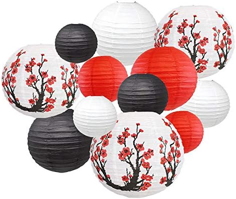 Just Artifacts 12pcs Cherry Blossom Decorative Assorted Hanging Japanese/Chinese Round Sakura Paper Lanterns (Color: Hanami