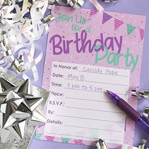 Покани за парти, рожден Ден - Girly Пинк Пърпъл Синьо-Ръси - 10 Картички с Конвертами