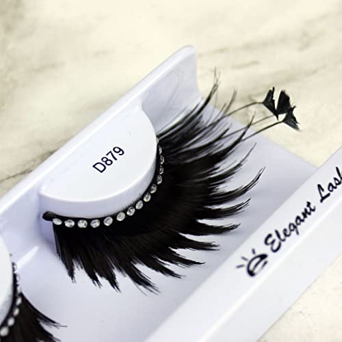 Елегантни Мигли D879 Premium Feather Eyelash (Дълги, Дебели Черни Фалшиви Мигли с Топчета от Пера и ивица от страз), Хелоуин