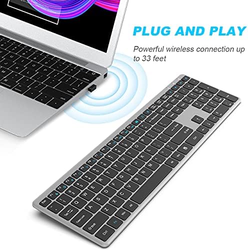 Безжична Клавиатура, WisFox 2.4 G Ультратонкая Преносима Компютърна Клавиатура, Клавиатура в пълен размер с Цифрова Клавиатура,
