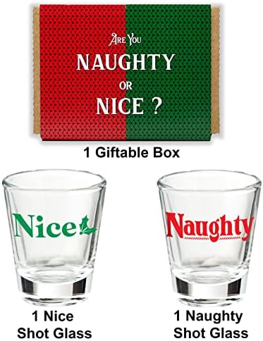 2 Чашки - Christmas Naughty & Ница Novelty Glass Set - 1.5 oz Green Red Забавни Gift Wrapped Boxed - Unique Забавни Смешни