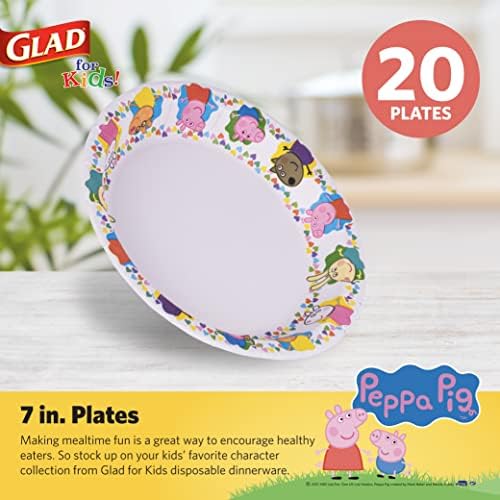 Glad for Kids 7-инчов Peppa Pig Friends Paper Plates, 20 Ct | Еднократна употреба Хартиени Чинии с Героите Peppa Pig |