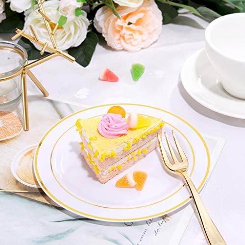 BUCLA 100Pieces Gold Plastic Plates -6.25 inch Disposable Salad/Десерт Plates - White with Gold Rim Premium Hard Plastic Appetiser Plates/Small Cake Plates for Weddings& Parties